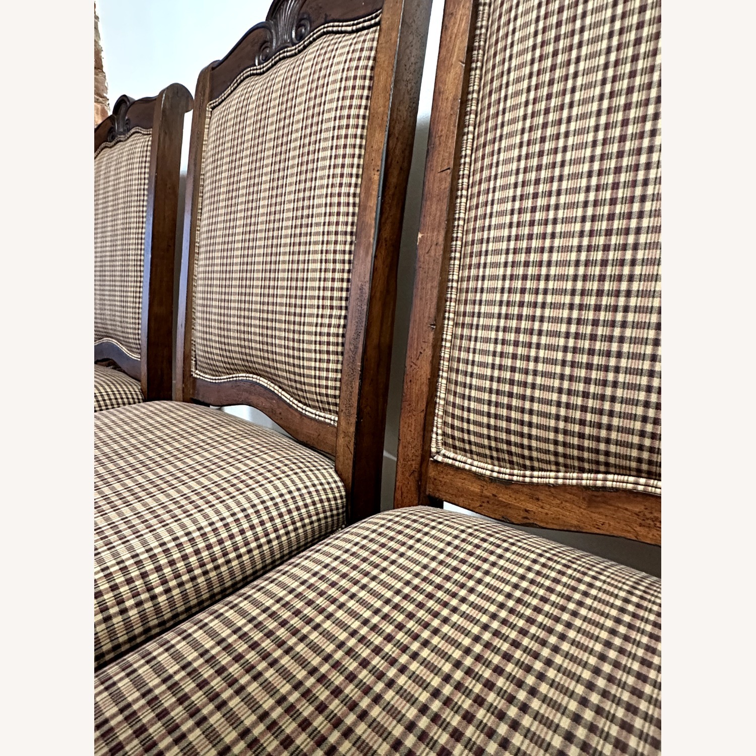 Antique Dark Brown Wood/Plaid Dining Chair - image-4