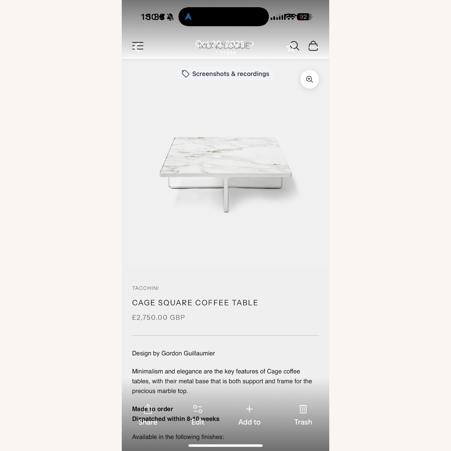 Tacchini White Coffee Table - image-3