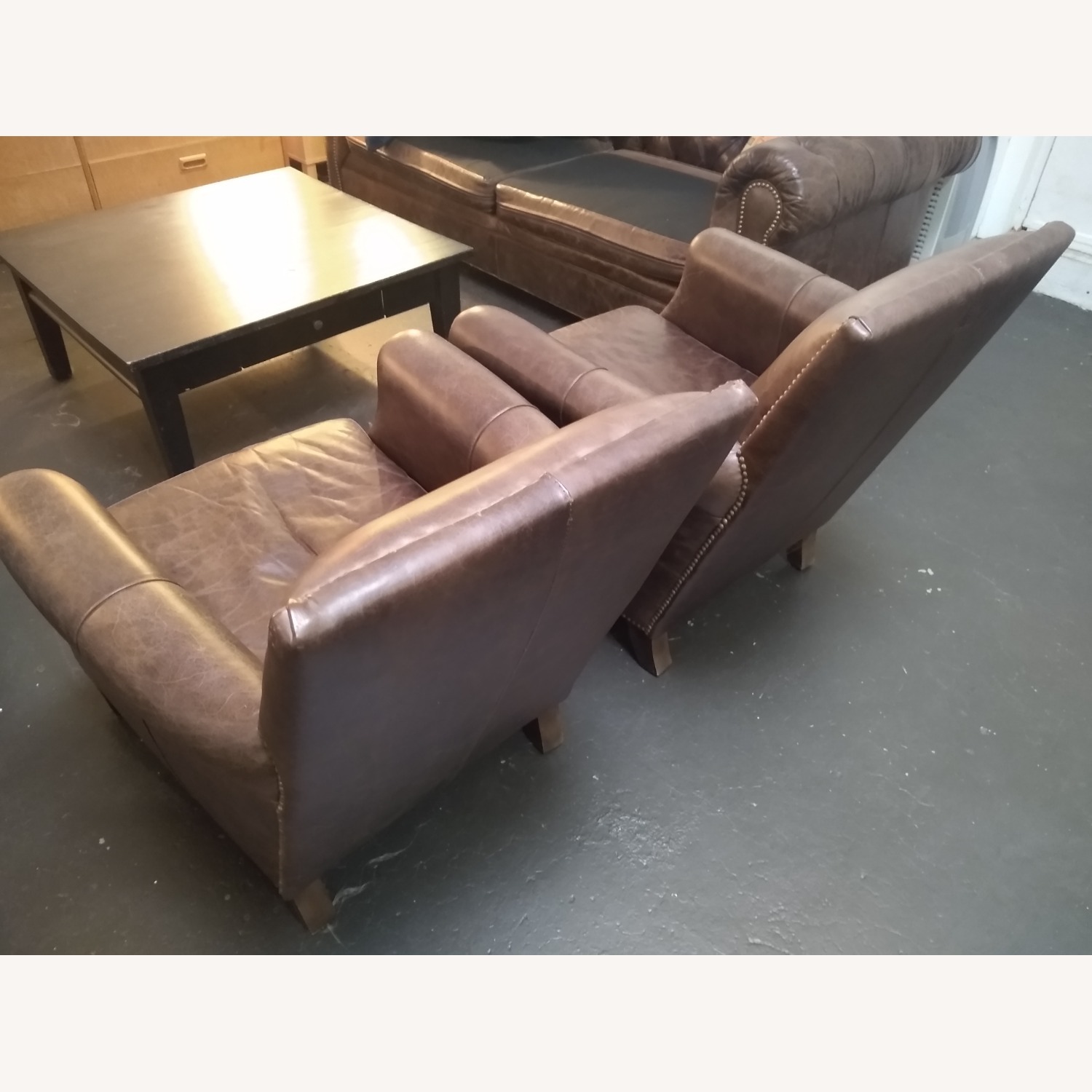 Brown Leather Armchairs Pair - image-5