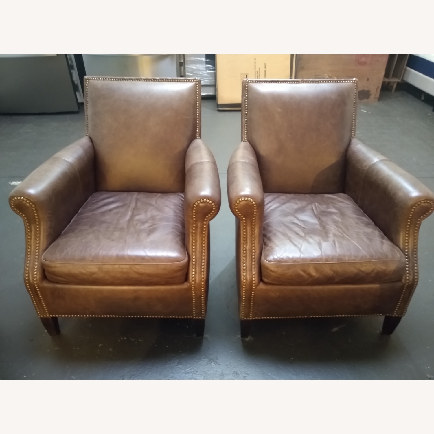 Brown Leather Armchairs Pair - image-0