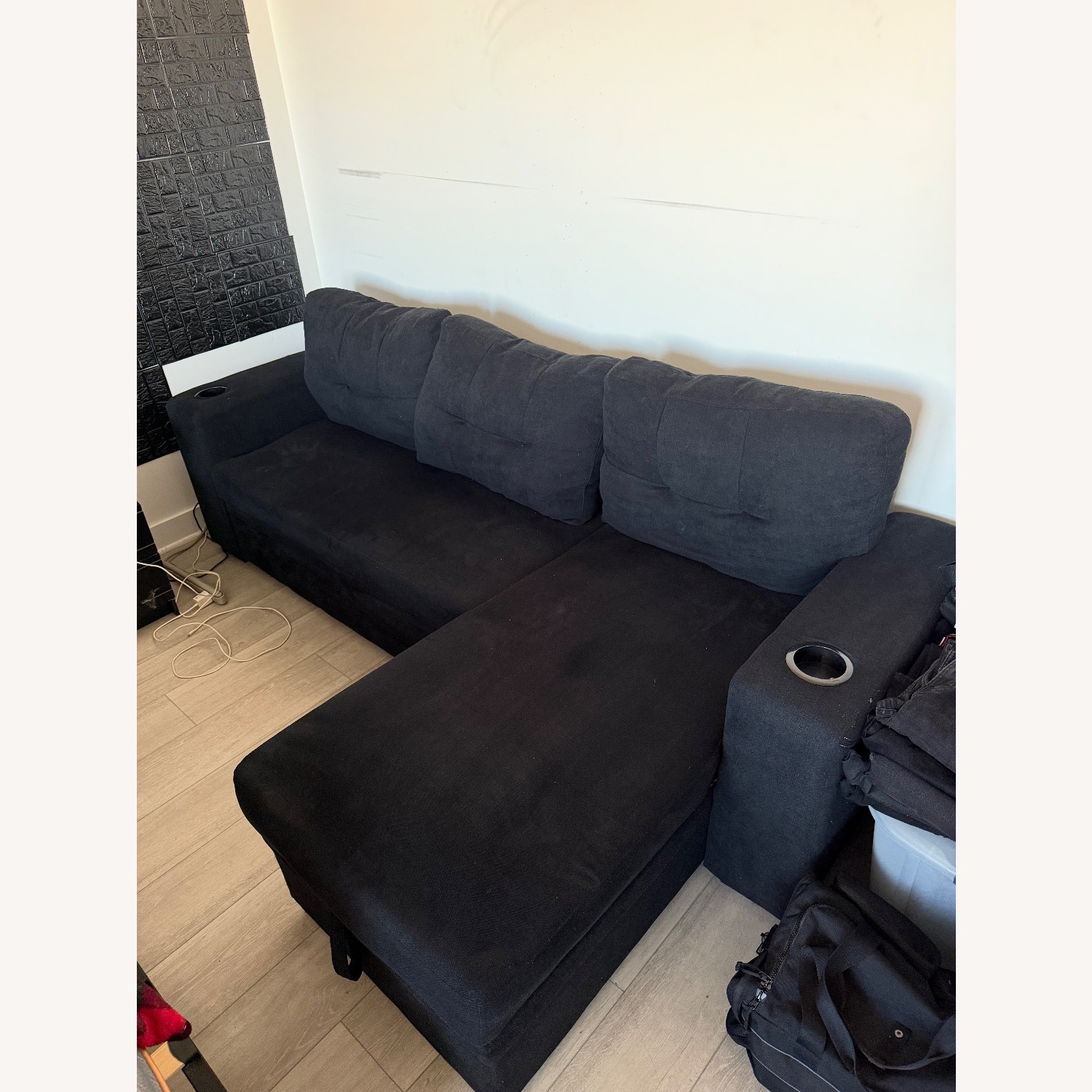 Black Sofa Bed Sectional W Chaise Storage - image-2