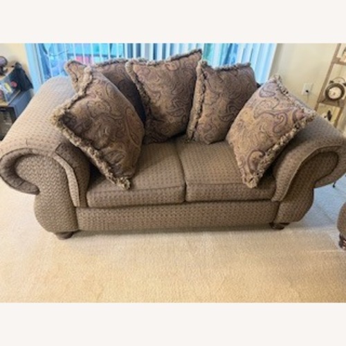 Used Vintage/Antique Dark Brown Fabric Loveseat for sale on AptDeco