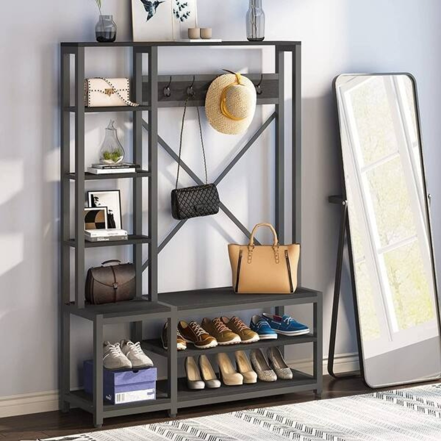Storage Rack Organizer 48"W 6 Shelves 5 Hooks - image-9