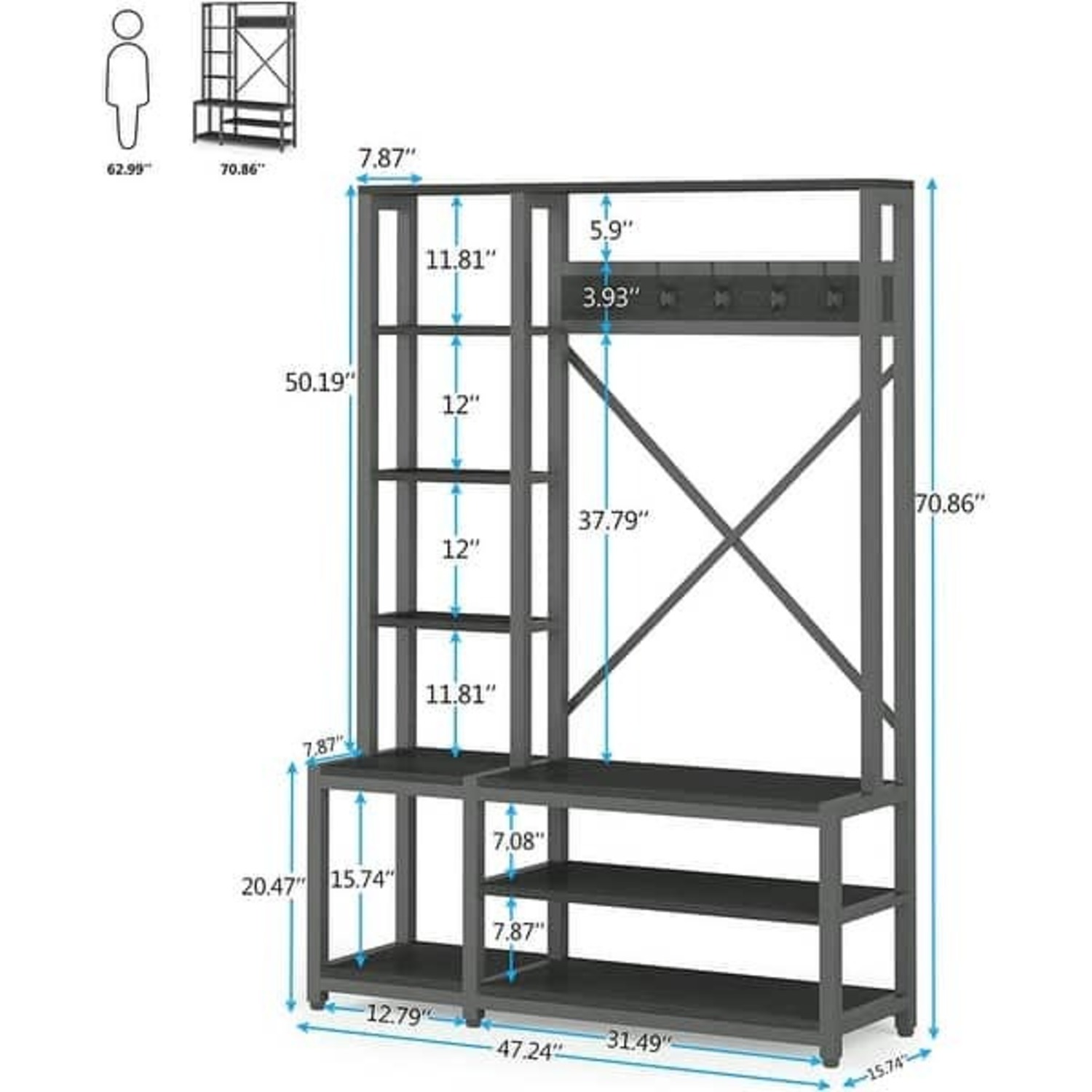 Storage Rack Organizer 48"W 6 Shelves 5 Hooks - image-7