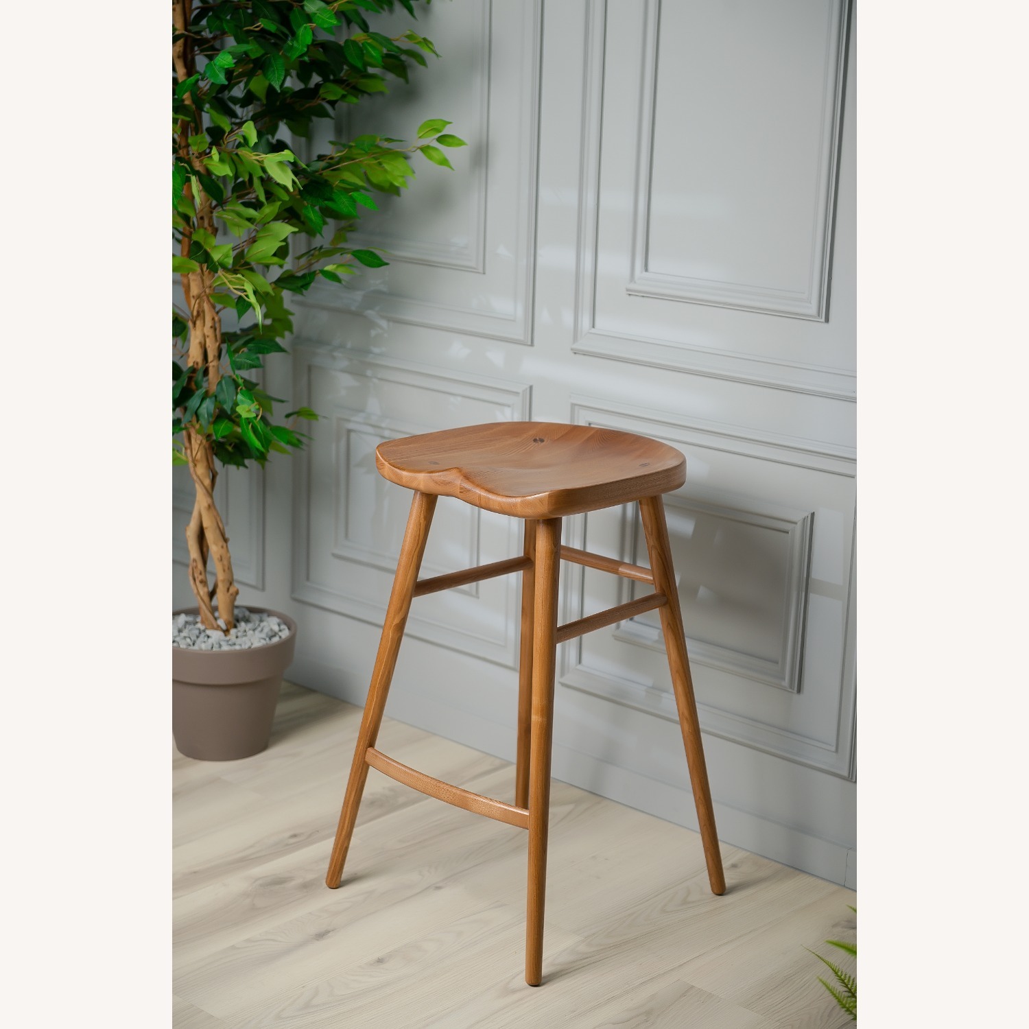 Light Brown Solid Wood Bar Stool - image-2