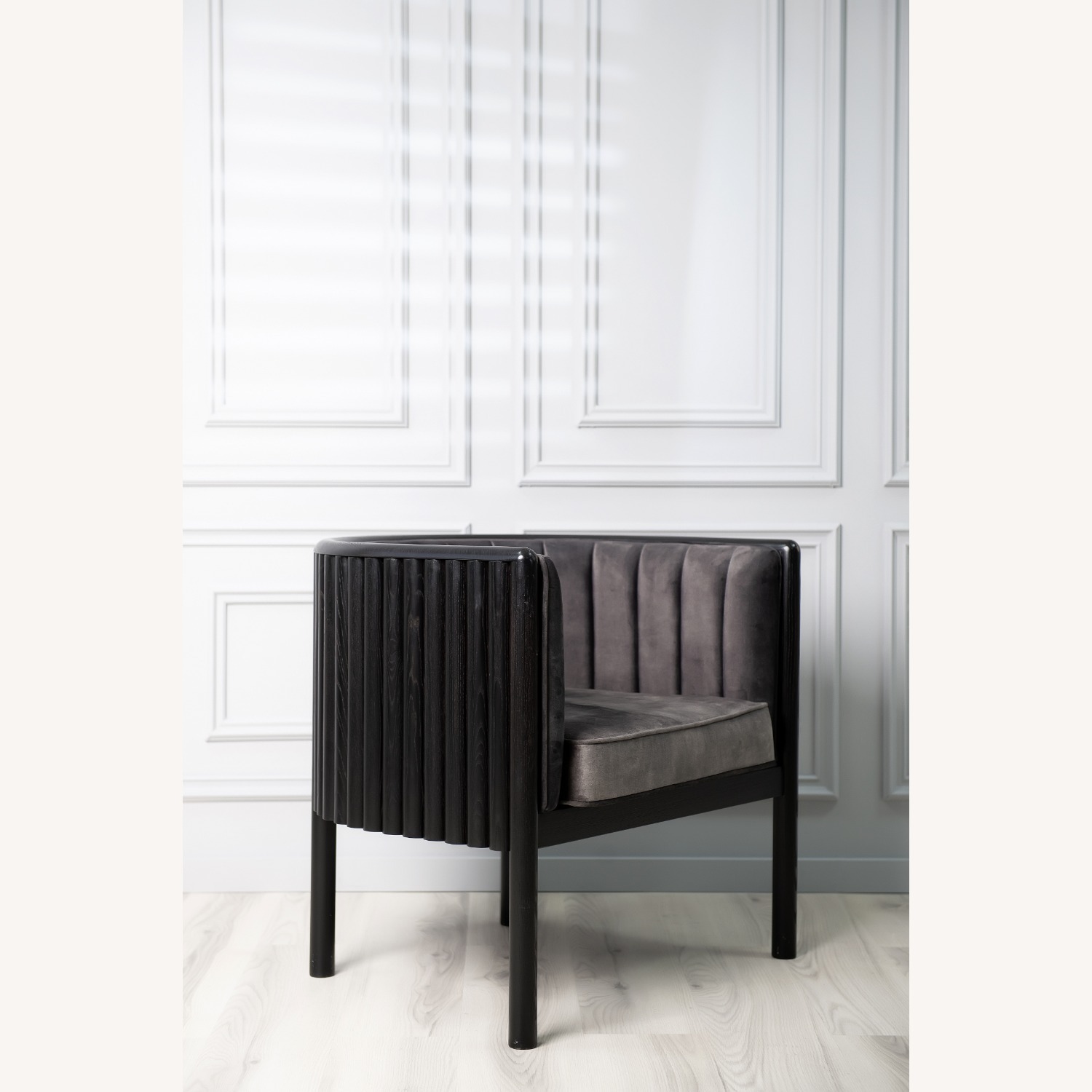 Black Solid Wood Armchair with Grey Material - image-6