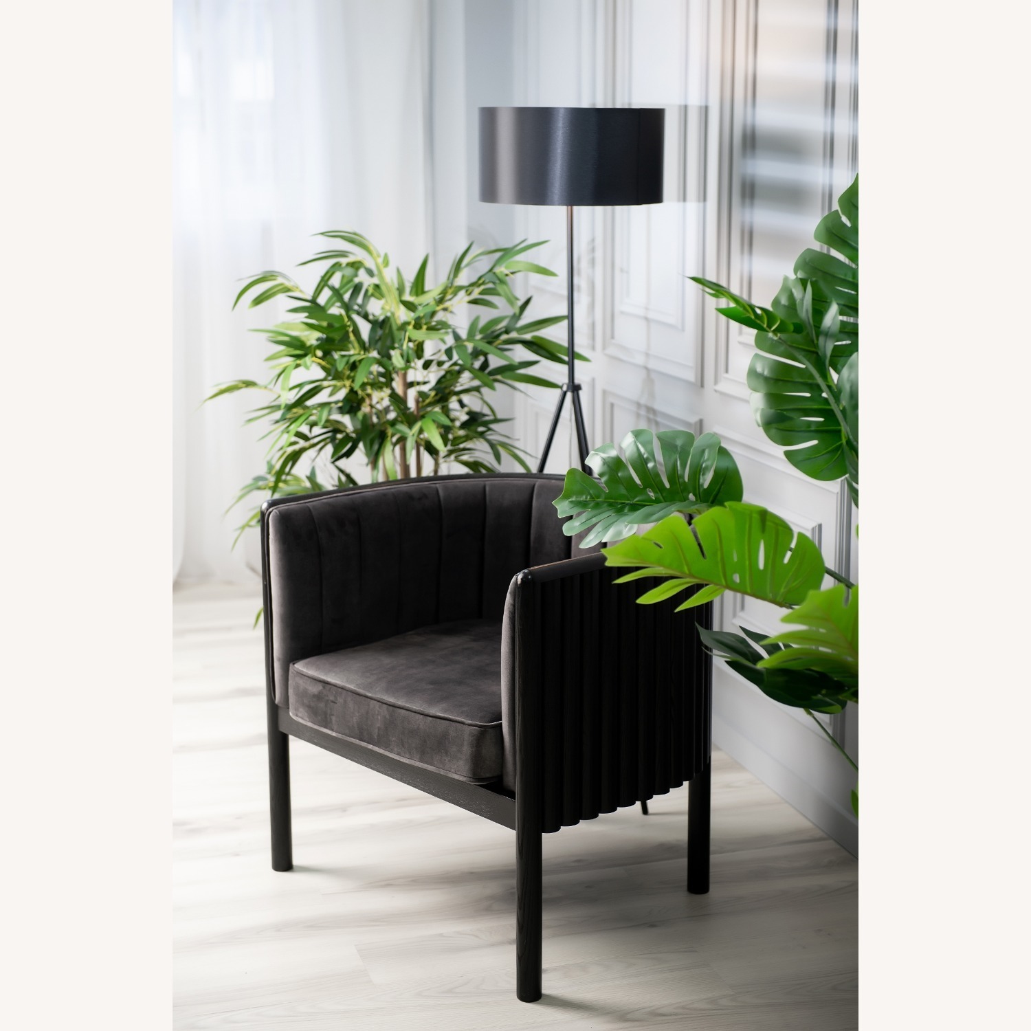 Black Solid Wood Armchair with Grey Material - image-5