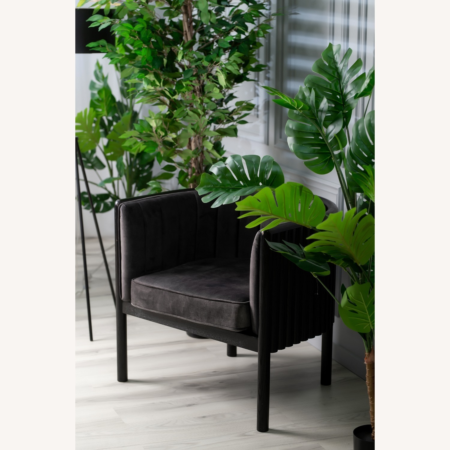 Black Solid Wood Armchair with Grey Material - image-3