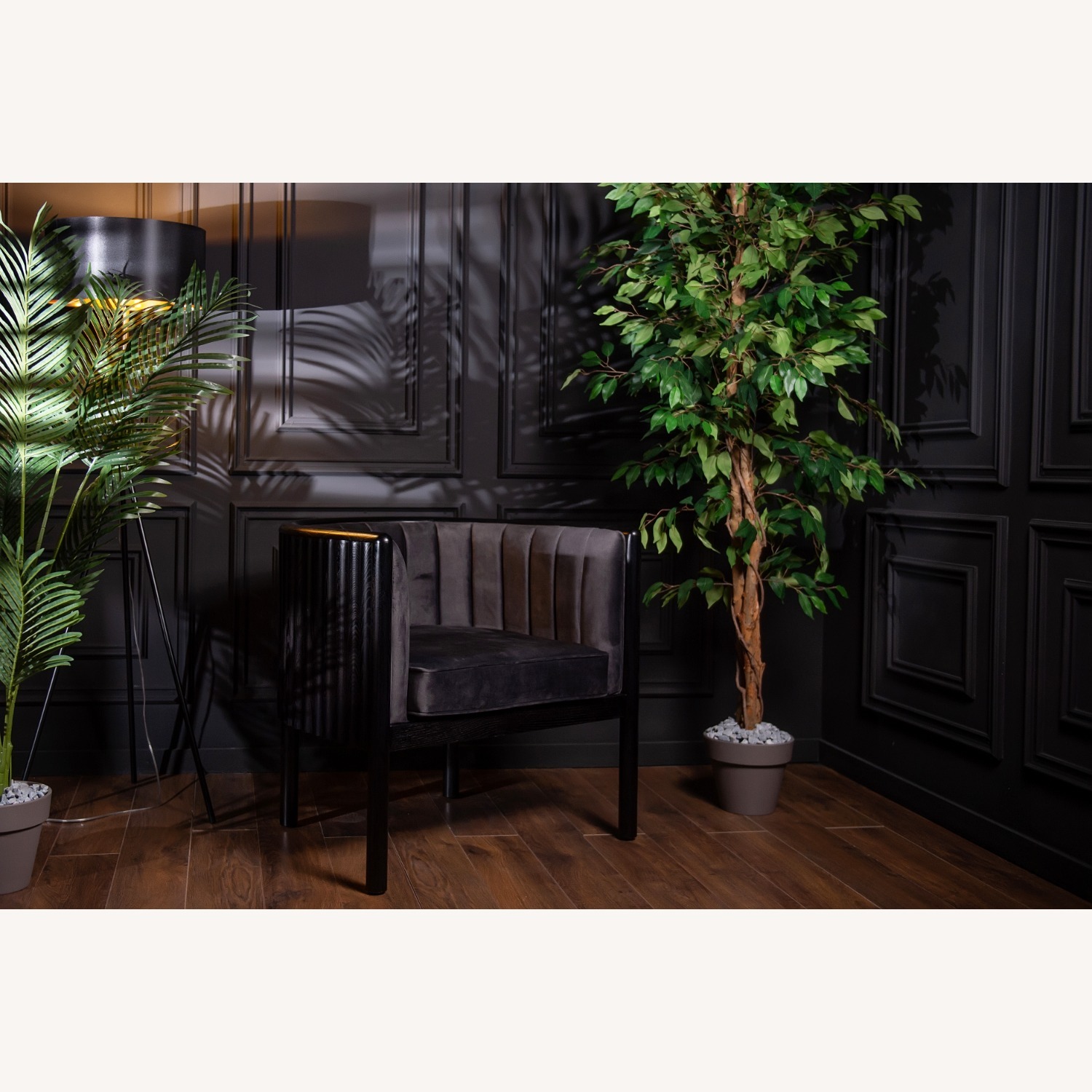 Black Solid Wood Armchair with Grey Material - image-7