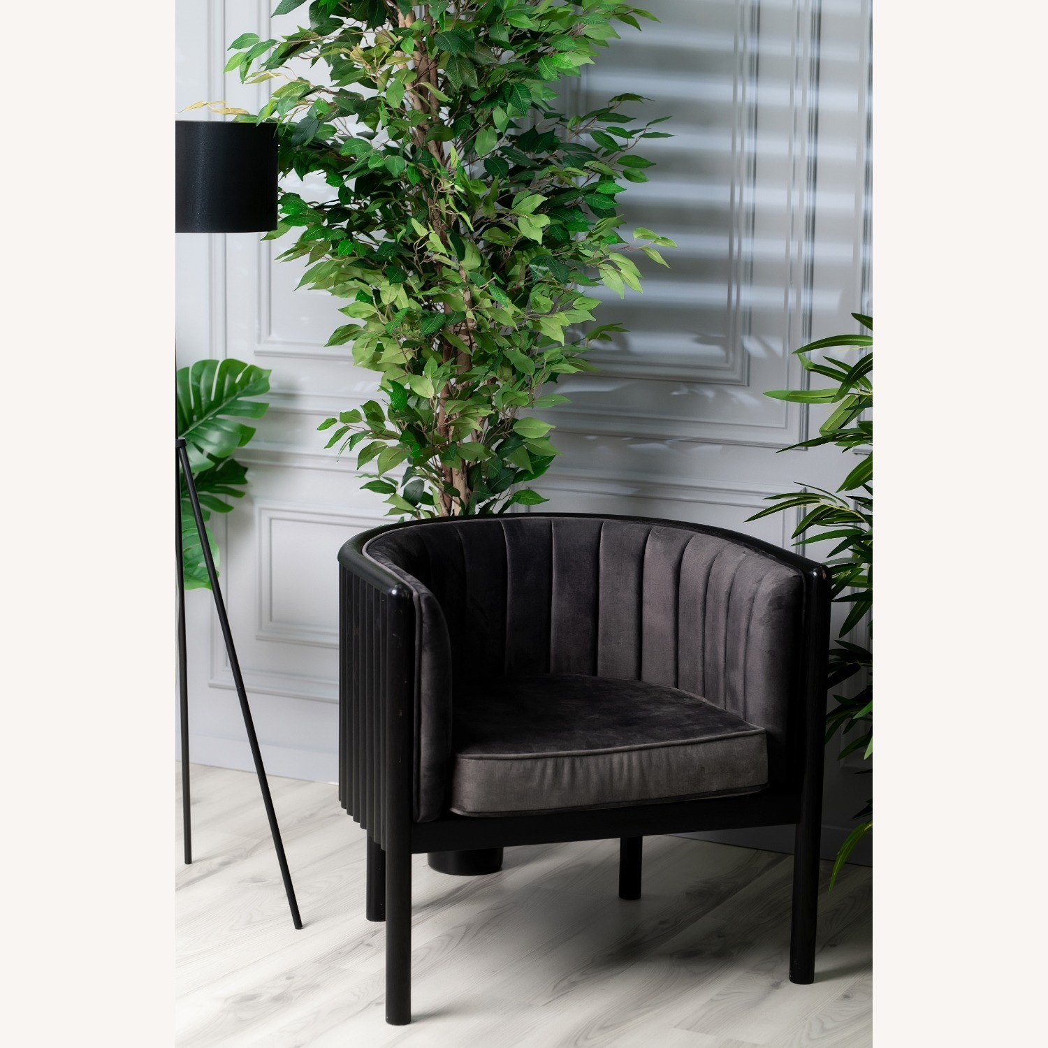 Black Solid Wood Armchair with Grey Material - image-2
