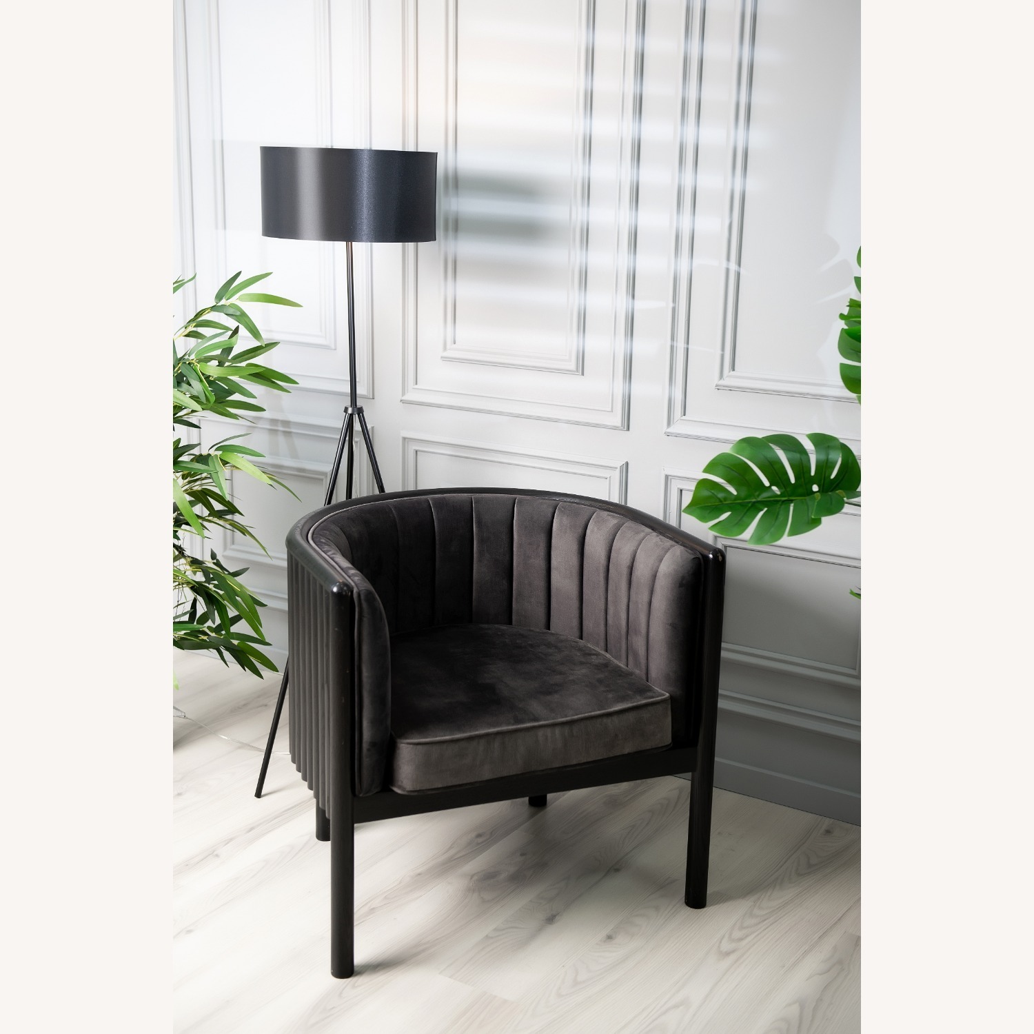 Black Solid Wood Armchair with Grey Material - image-4