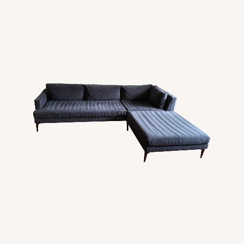 Used West Elm Andes blue velvet sectional with ottoman for sale on AptDeco