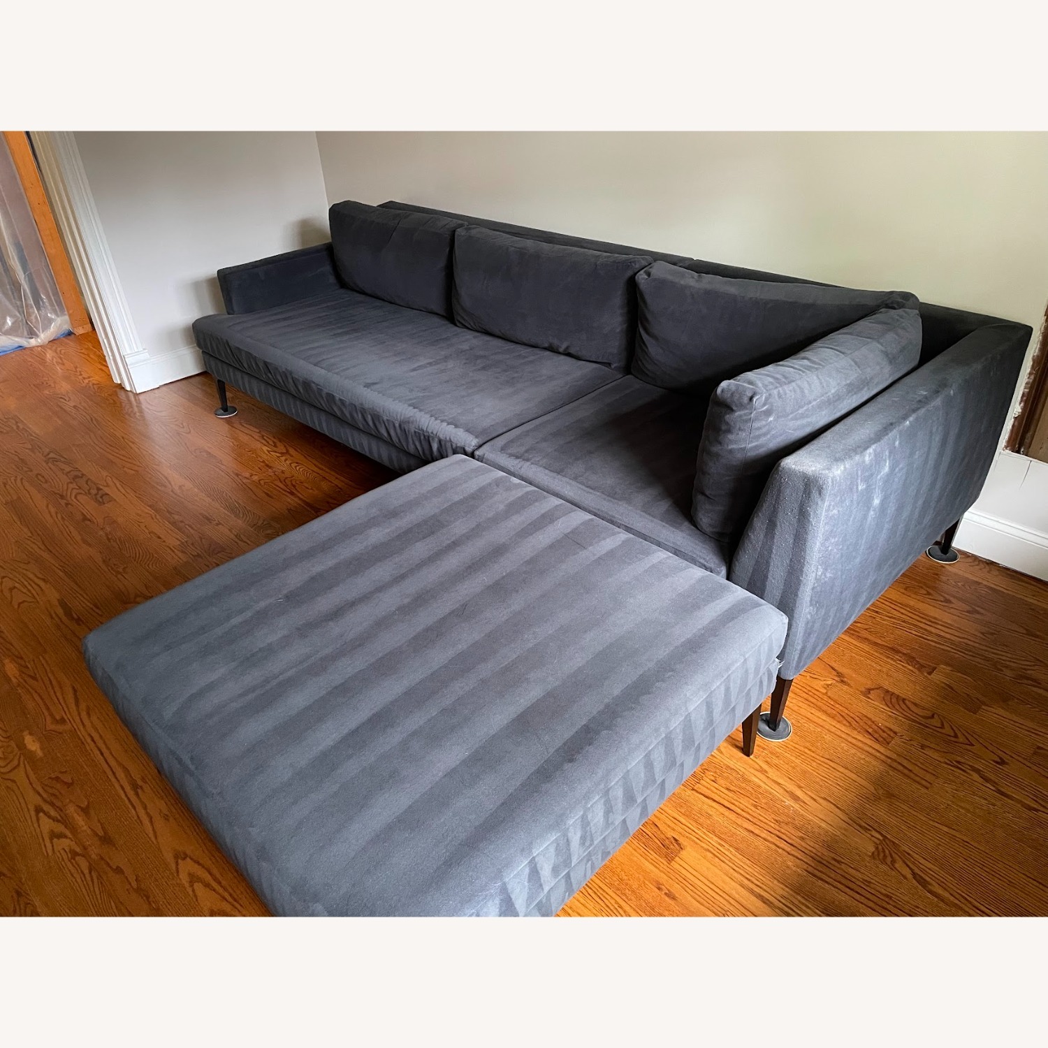 West Elm Andes blue velvet sectional with ottoman - image-1