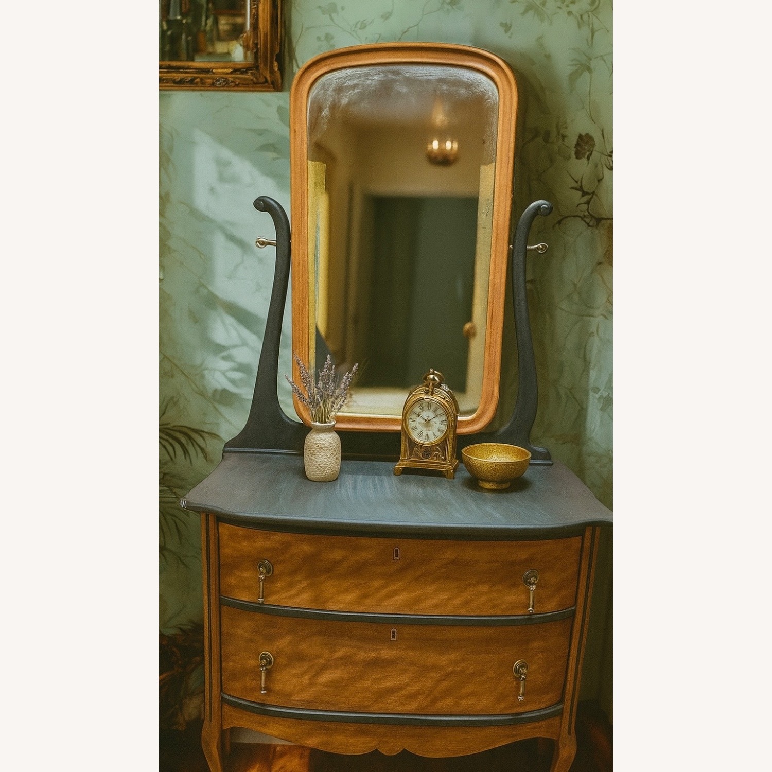 Antique Vanity Black Wood Dresser - image-2