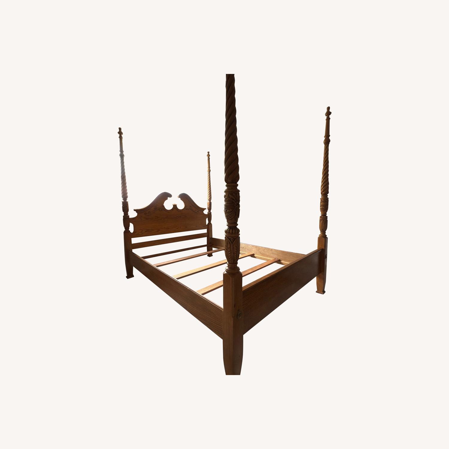 Antique Hand Carved Oak Four Poster Queen Bed - image-0