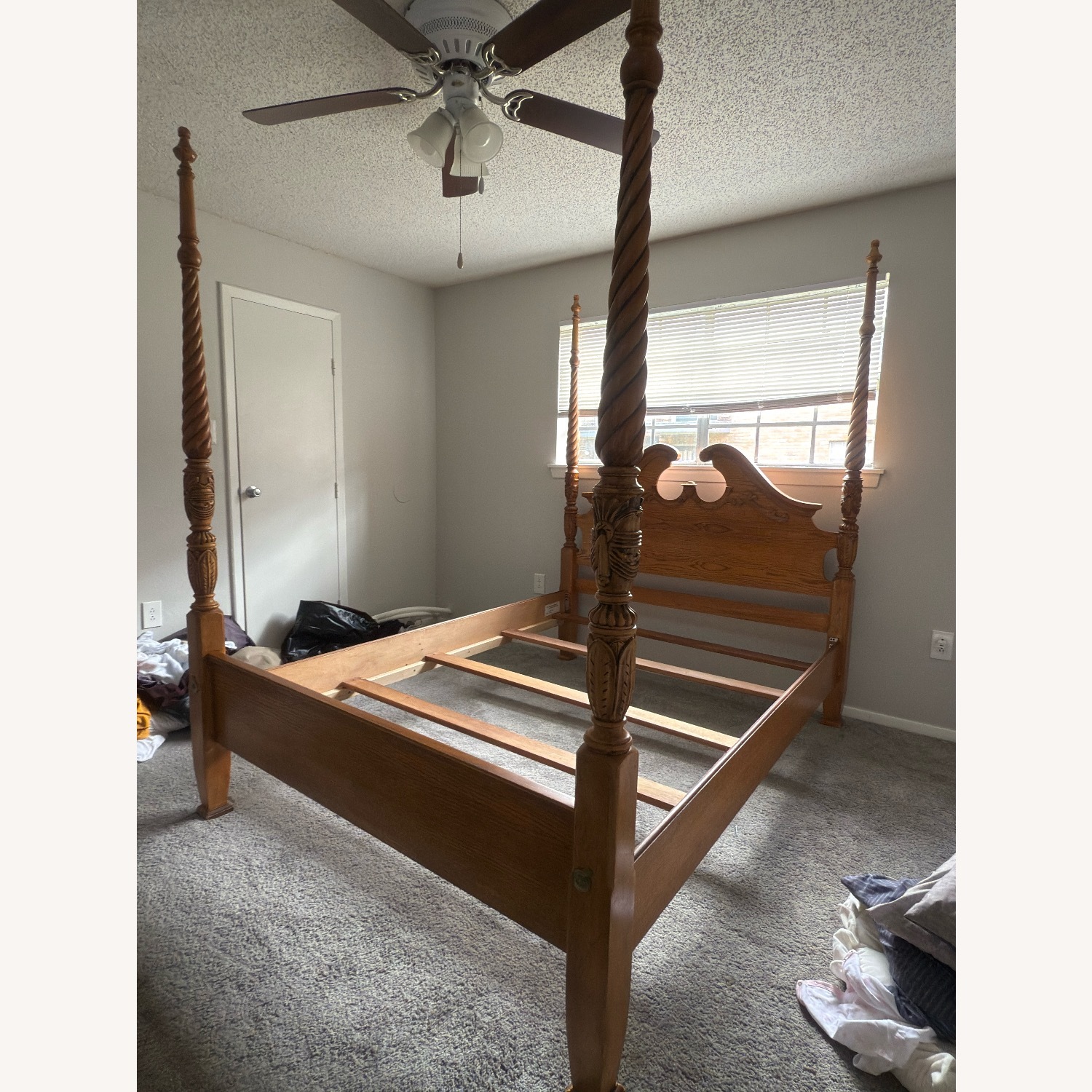 Antique Hand Carved Oak Four Poster Queen Bed - image-2