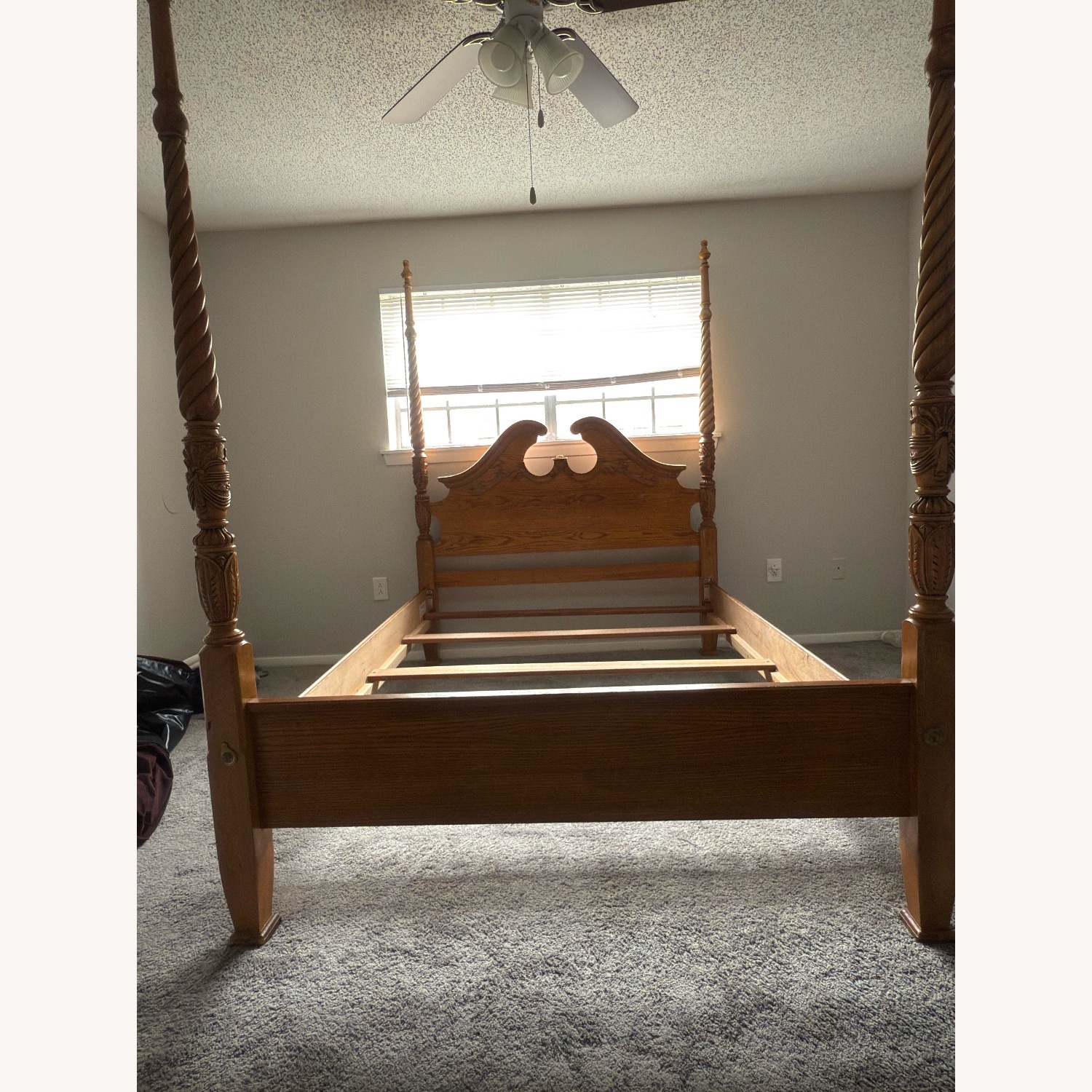 Antique Hand Carved Oak Four Poster Queen Bed - image-3