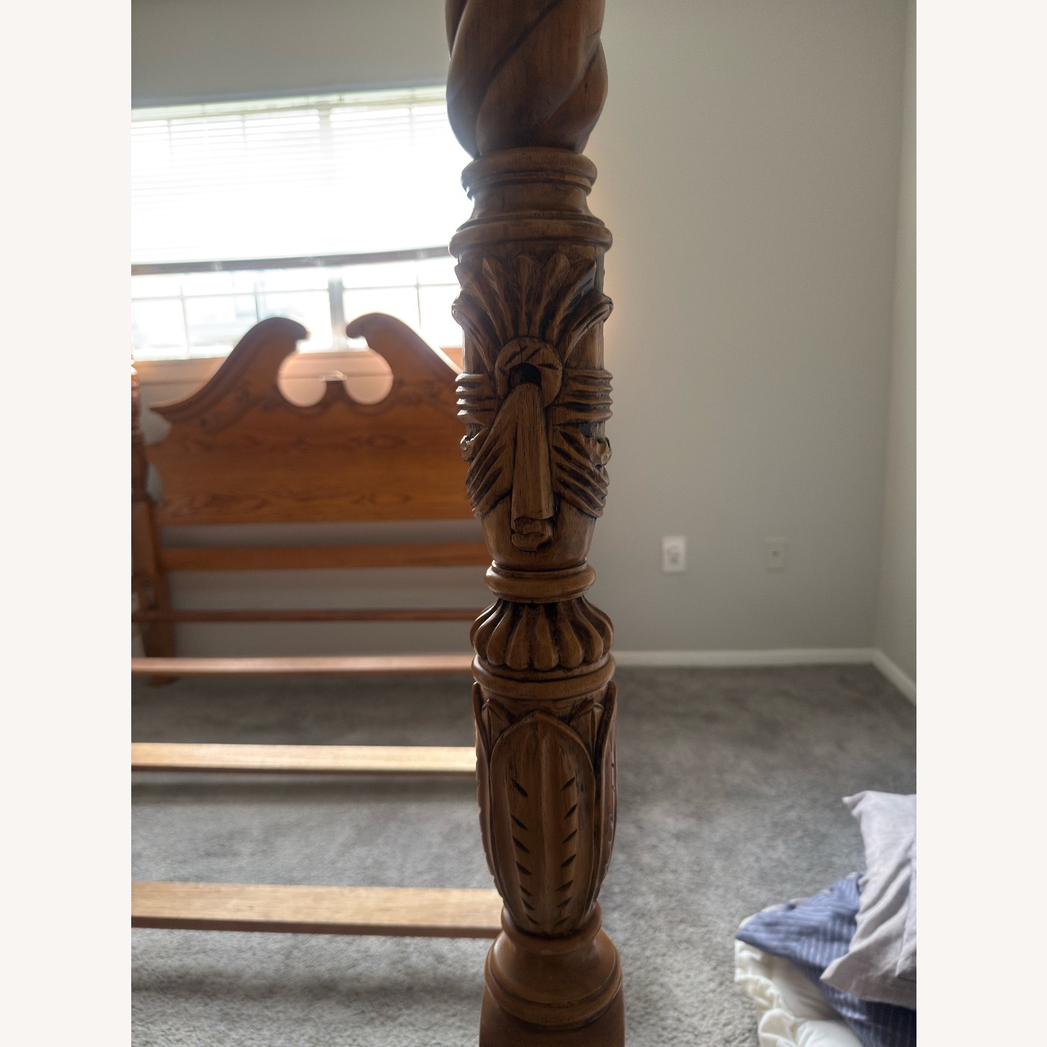 Antique Hand Carved Oak Four Poster Queen Bed - image-4