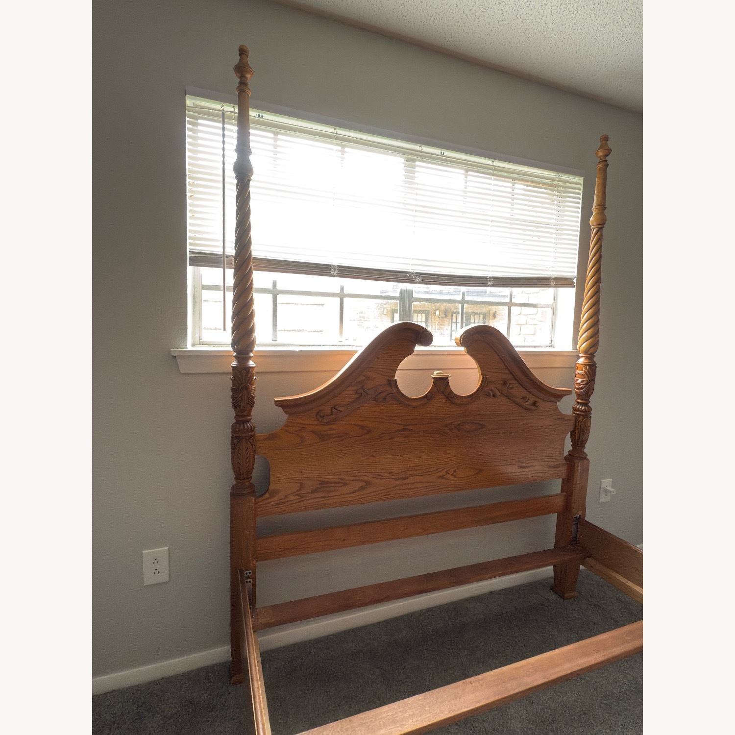 Antique Hand Carved Oak Four Poster Queen Bed - image-5
