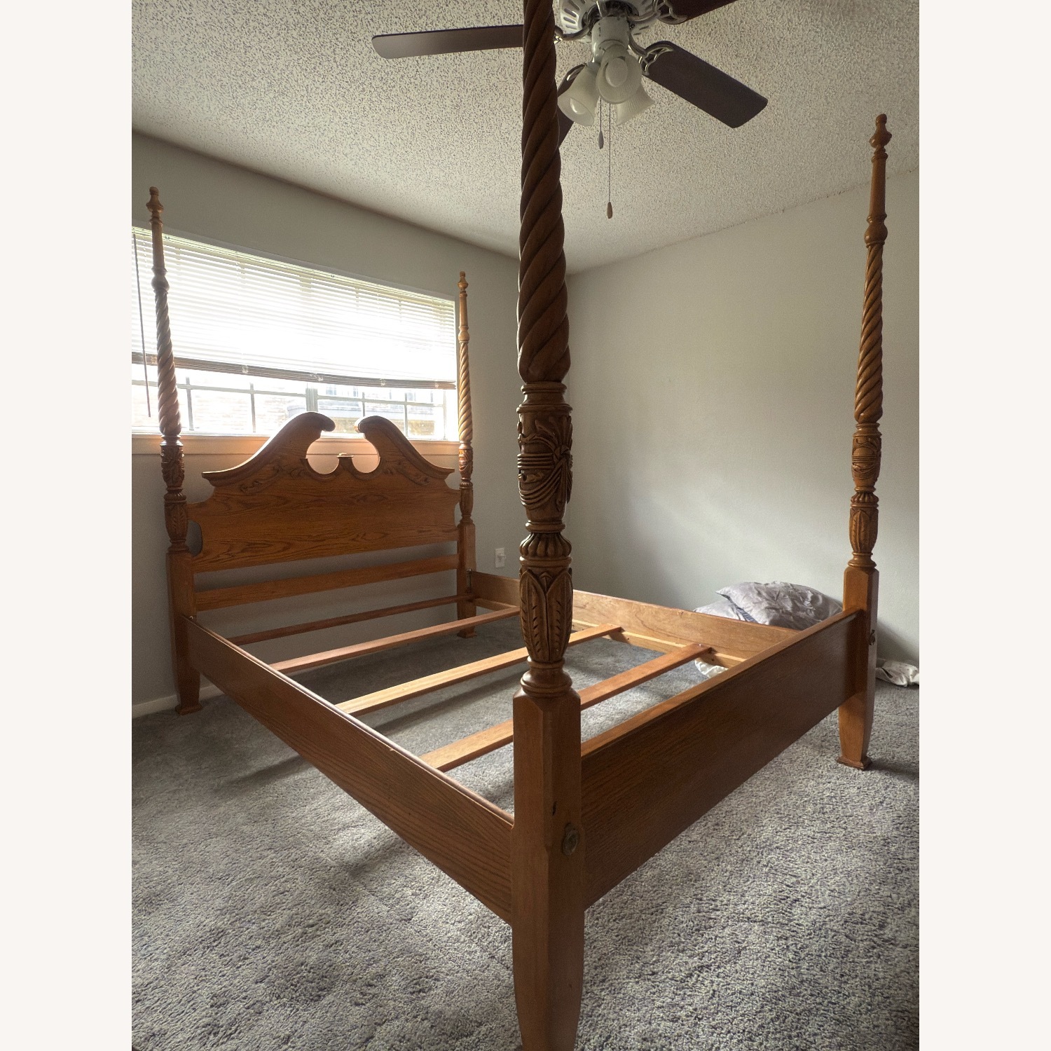 Antique Hand Carved Oak Four Poster Queen Bed - image-1