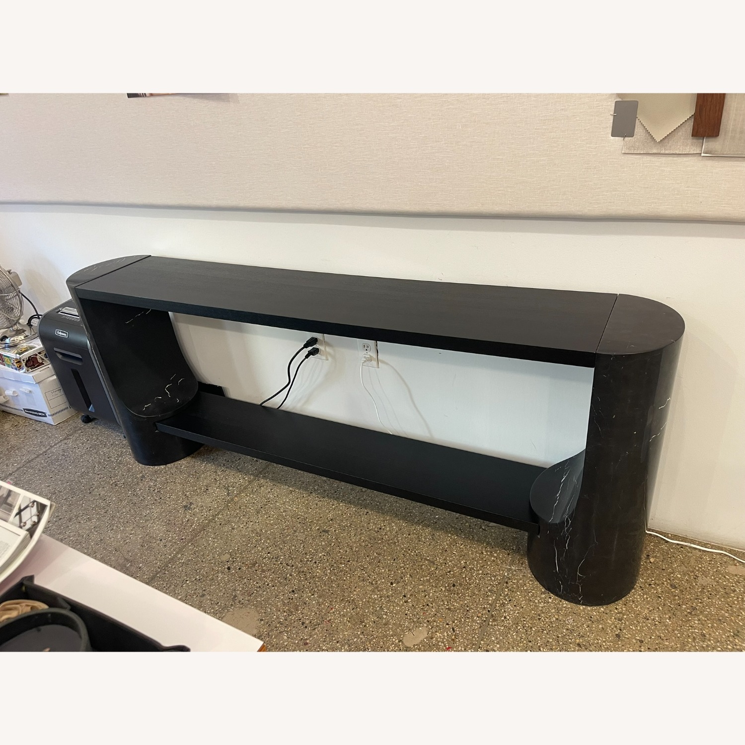 CB2 Black Scoop 76" Black Marble and Oak Wood Console Table - image-1