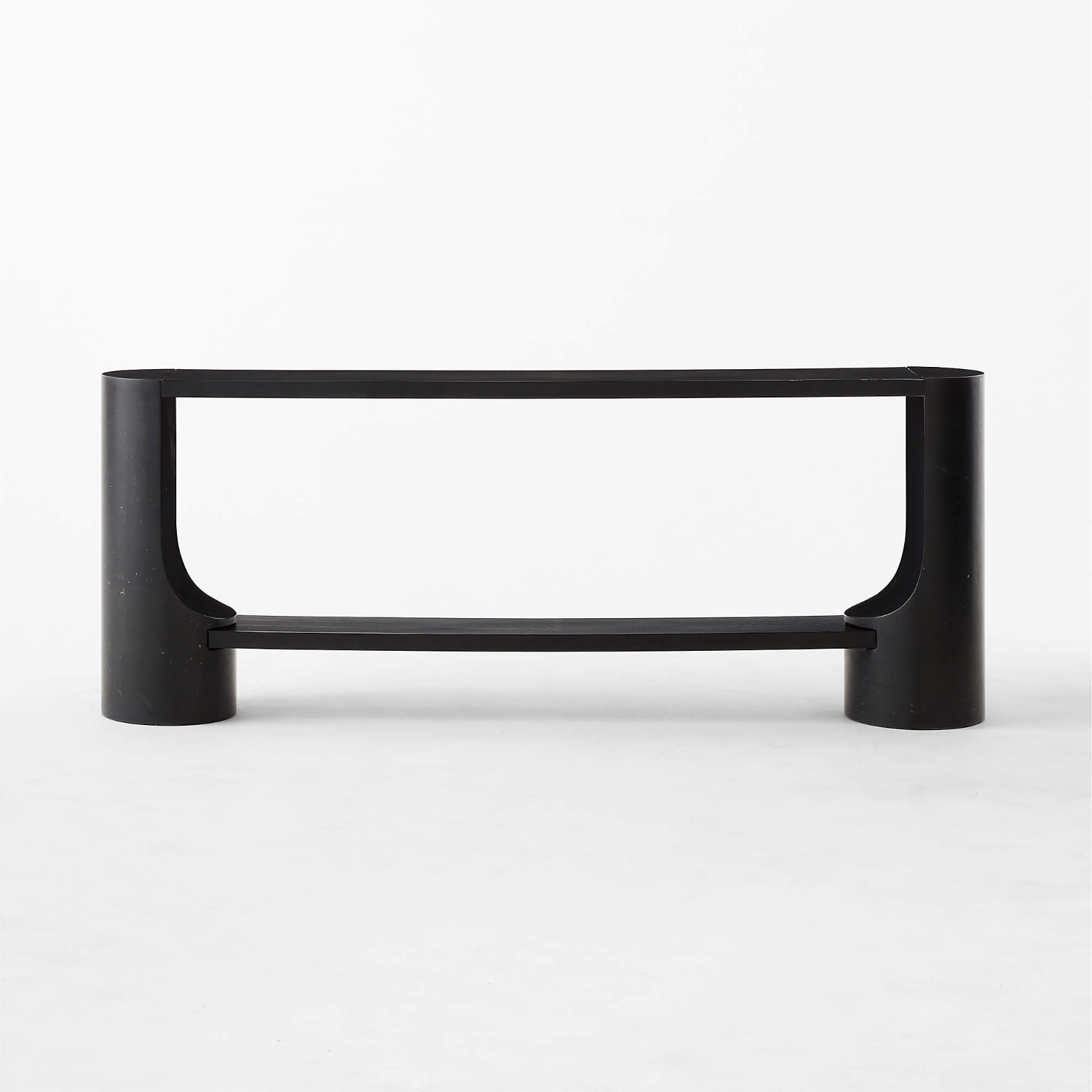 CB2 Black Scoop 76" Black Marble and Oak Wood Console Table - image-4