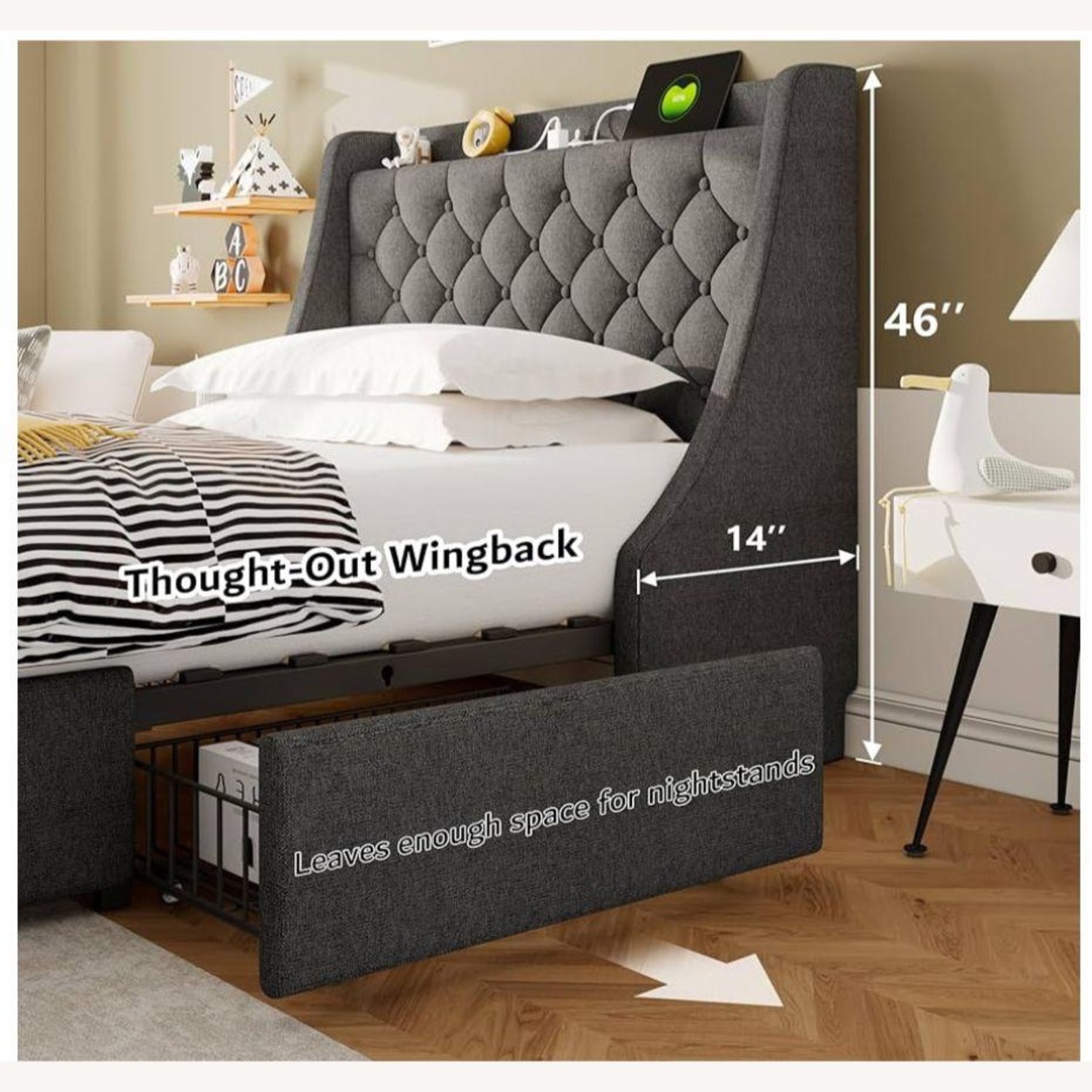 Dark Gray Fabric Full Bed - image-1