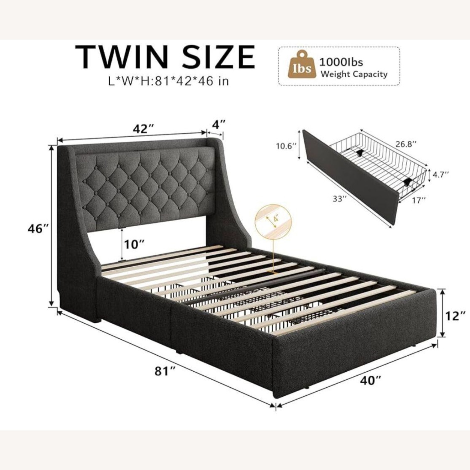 Dark Gray Fabric Full Bed - image-0