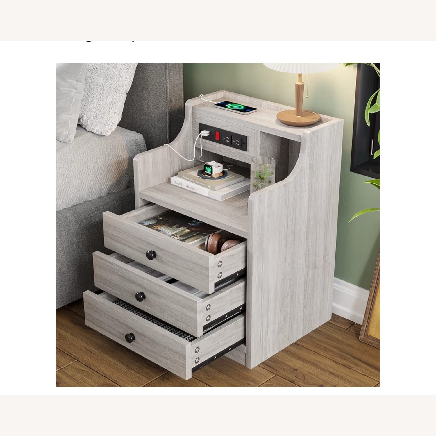 Light Gray Wood Nightstand - image-2