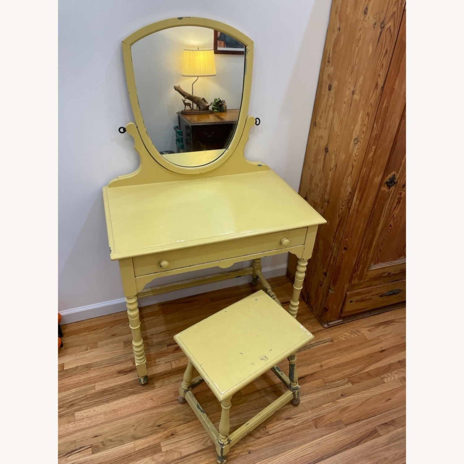 Vintage Mid-Century Solid Wood Vanity & Bench - image-0