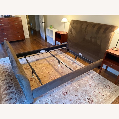 Used Crate & Barrel Fairmont Forest Suede Queen Bed for sale on AptDeco