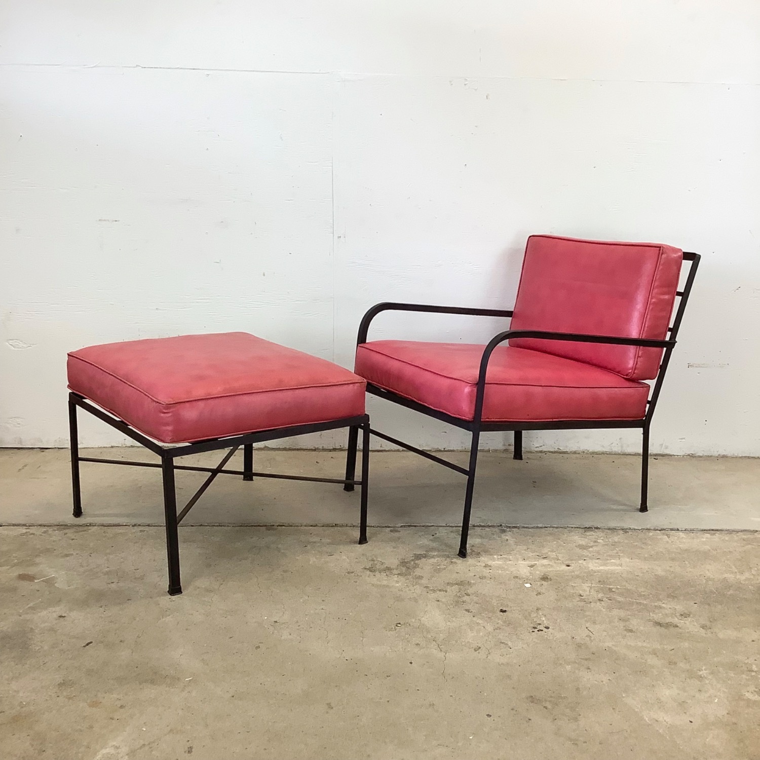 Vintage Modern Metal & Vinyl Chair with Ottoman - image-1