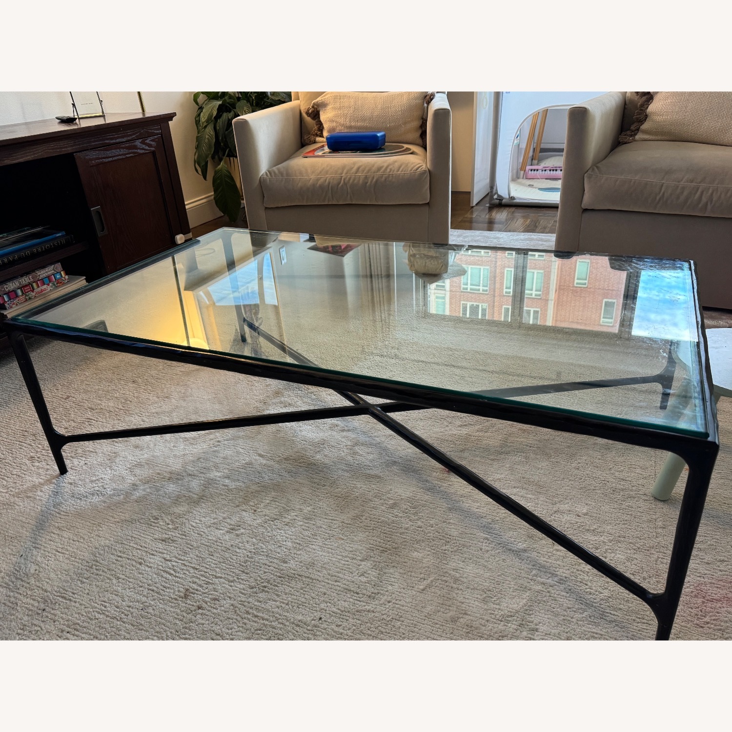 Restoration Hardware Forged Brass Iron & Glass Coffee Table - image-4
