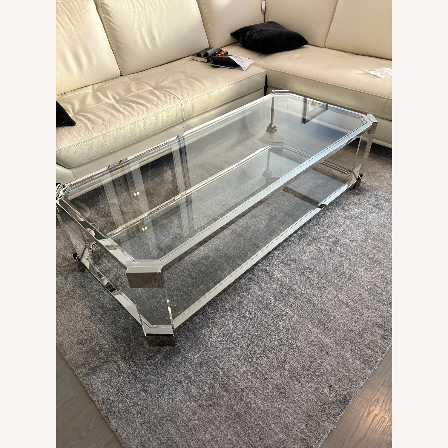 Bloomingdale's Rectangular Glass Chrome Coffee Table 2 Layers - image-1