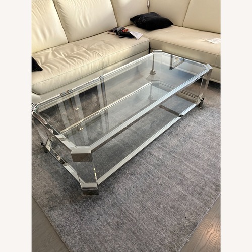 Used Bloomingdale's Rectangular Glass Chrome Coffee Table 2 Layers  for sale on AptDeco