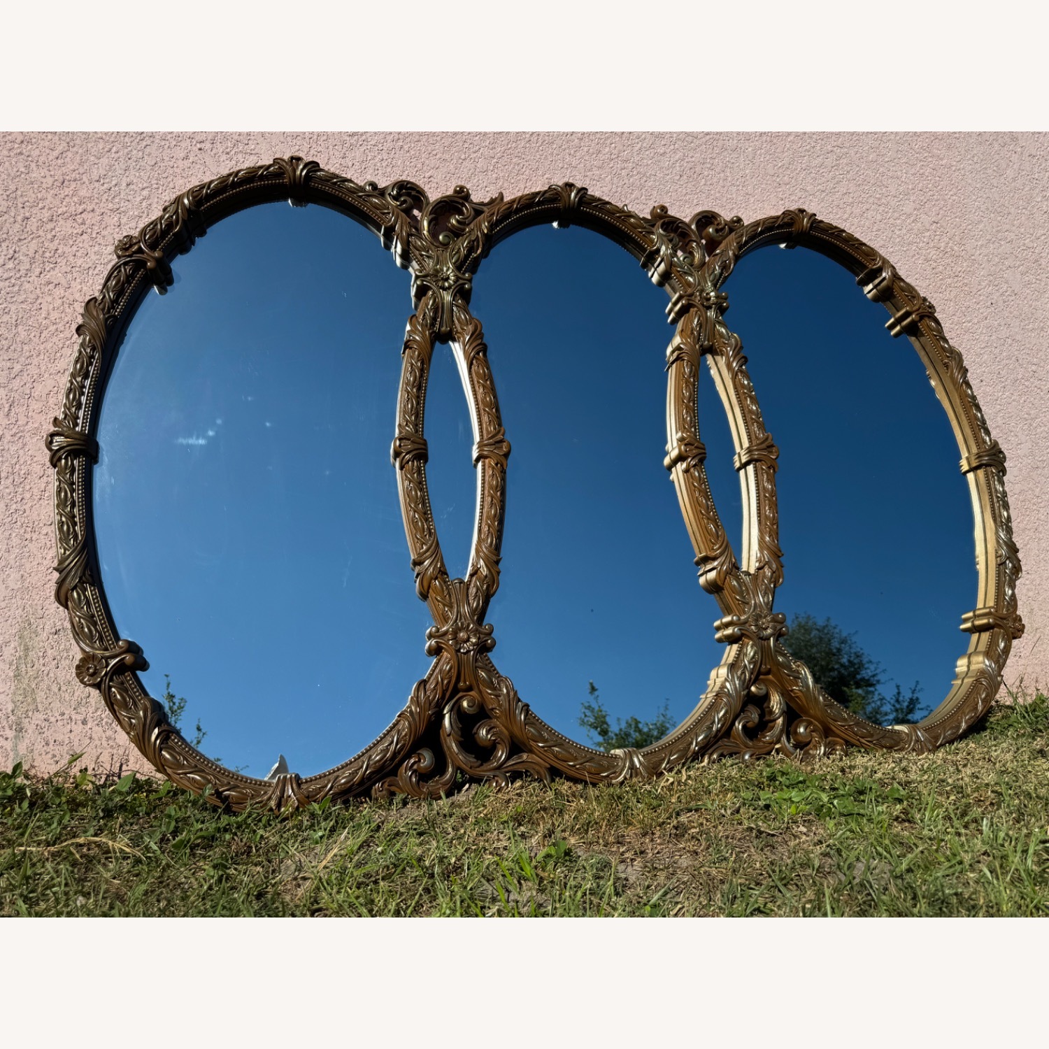 Mid Century Gold Ornate Bassett Triple Ring Mirror - image-1
