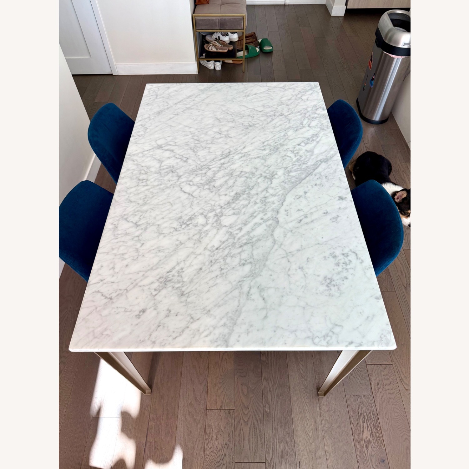 CB2 Paradigm 54" Carrara Marble Brass Dining Table - image-3