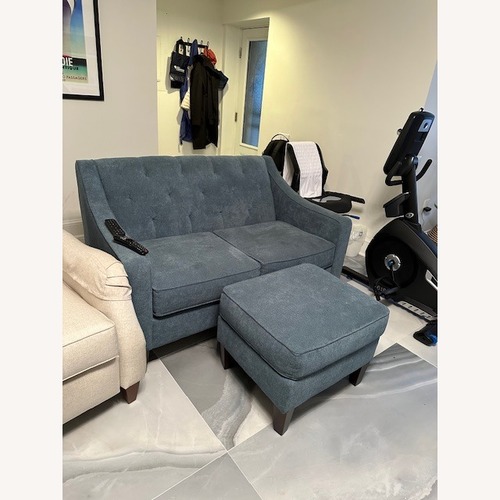 Used Macy's Loveseat with Footstool, Blue Fabric- for sale on AptDeco