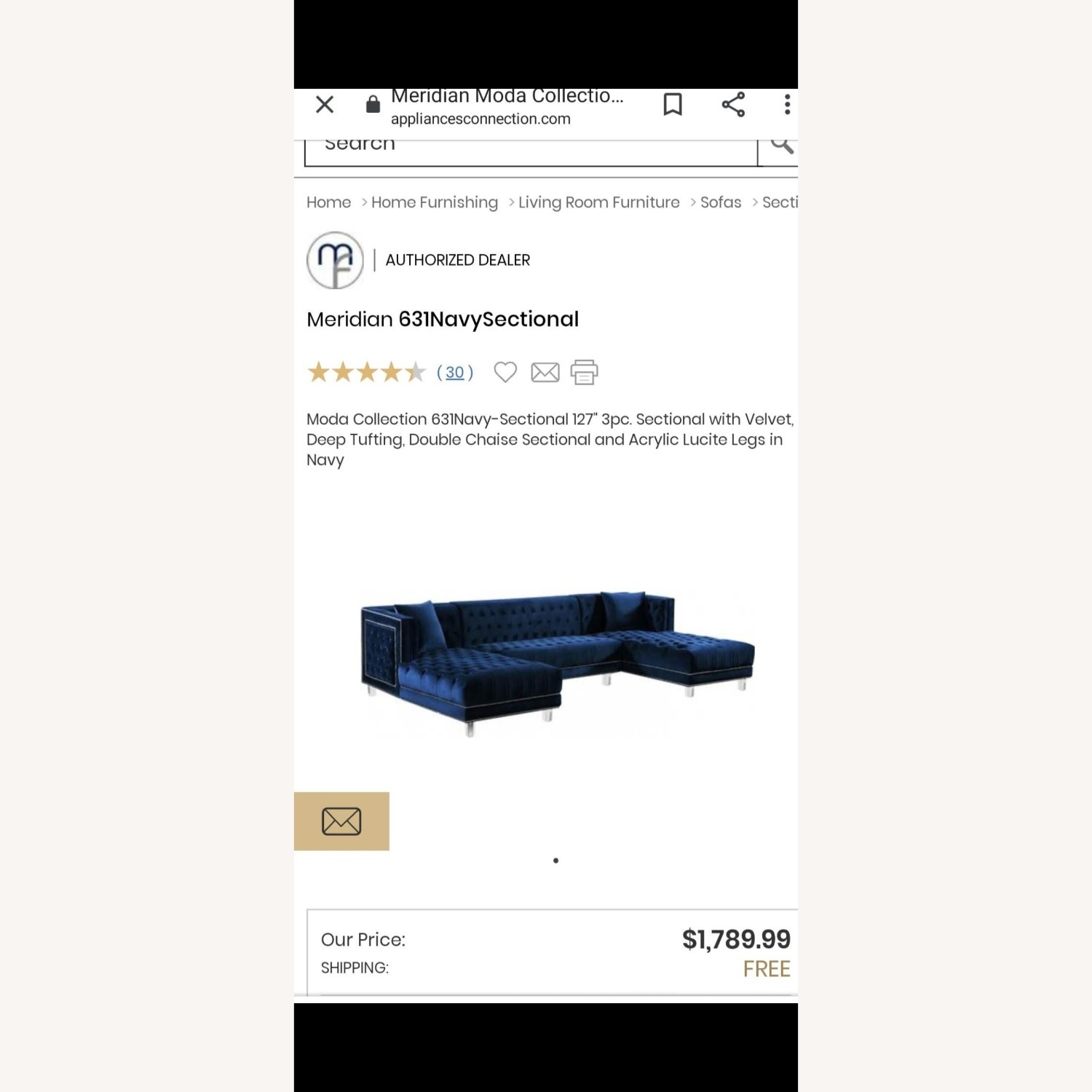 Home Meridian Blue Velvet 3+ Piece Sectional - image-3