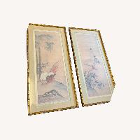 Vintage Asian Chinese Art Birds Print Duo