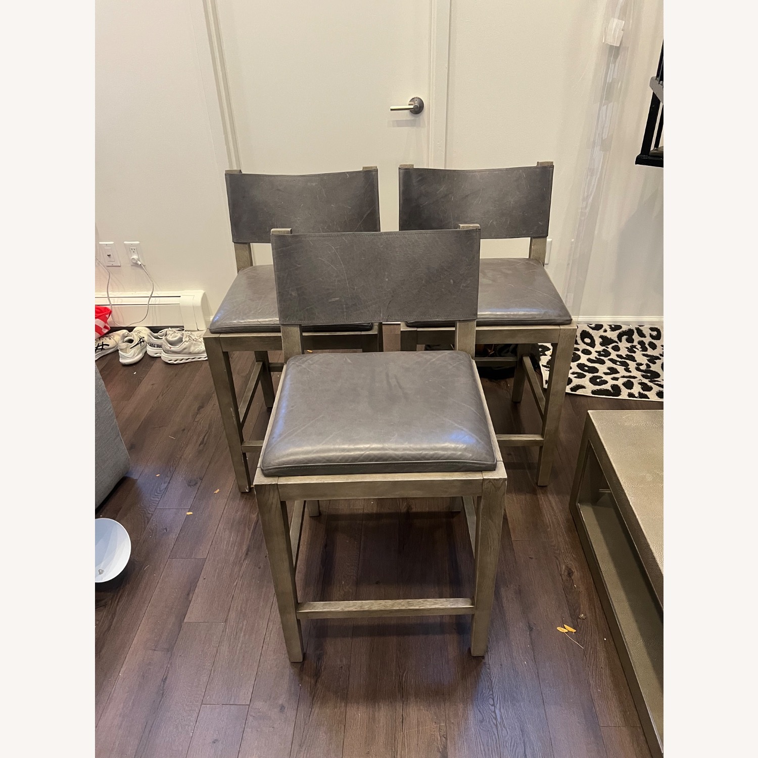 Restoration Hardware Saddle Light Gray Leather Stools - image-1