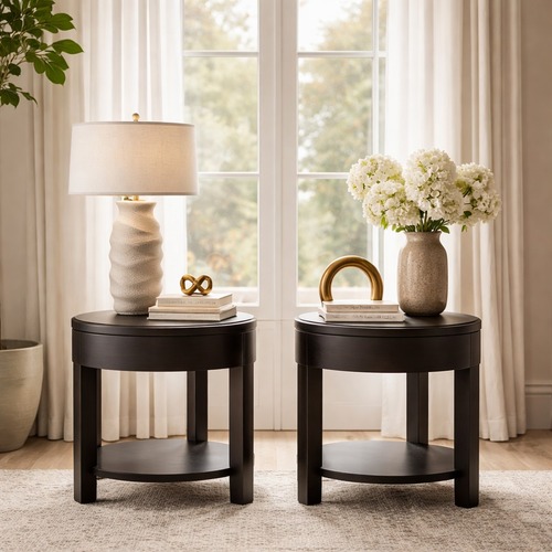 Used RH Wyeth Oak Round Bedside Tables – Set  for sale on AptDeco