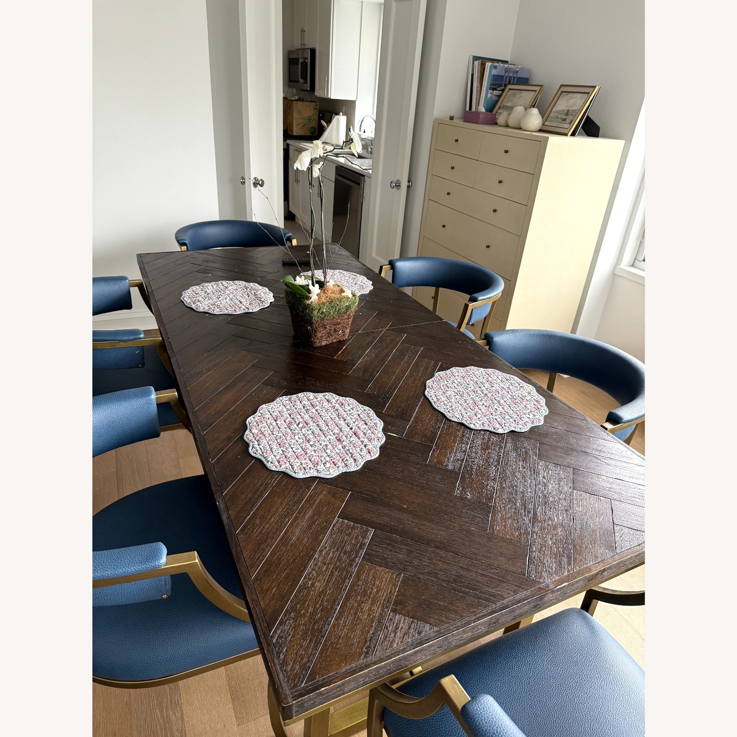 Ballard Designs Ada Blue Leather & Brass Dining Chairs - image-3