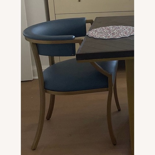 Used Ballard Designs Ada Blue Leather & Brass Dining Chairs for sale on AptDeco