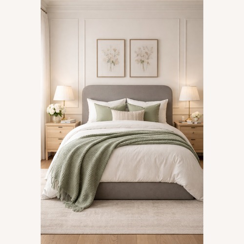 Used Arhaus Upholstered King Bed – Grey Weave for sale on AptDeco