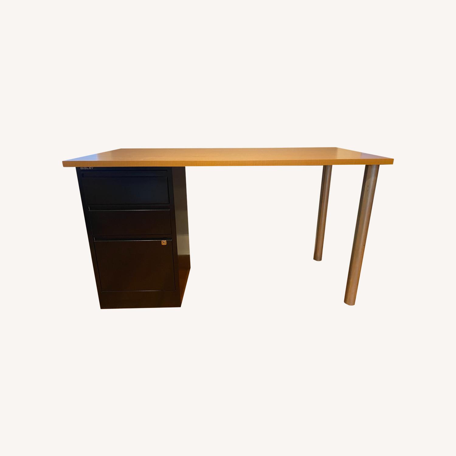 Bisley Filing Cabinet + Maple Melamine Top Desk - image-0