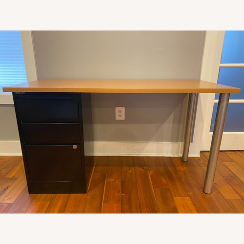 Used Bisley Filing Cabinet + Maple Melamine Top Desk for sale on AptDeco