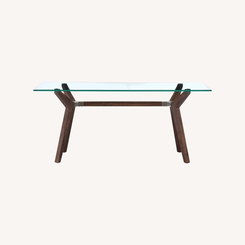 Used Crate & Barrel Strut Table, Oak Base/Glass Top for sale on AptDeco