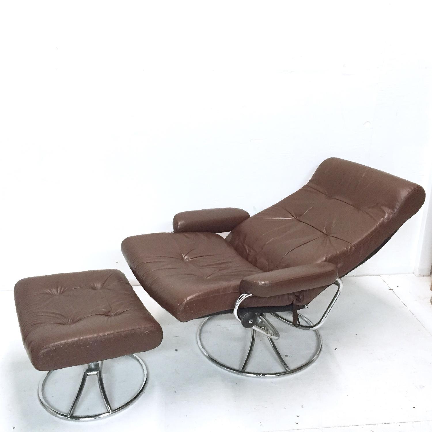 Vintage Ekornes Stressless Chair w/ Chrome Swivel Base & Ottoman - image-5