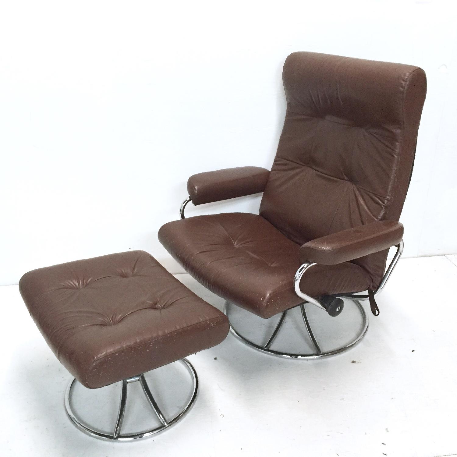 Vintage Ekornes Stressless Chair w/ Chrome Swivel Base & Ottoman - image-16